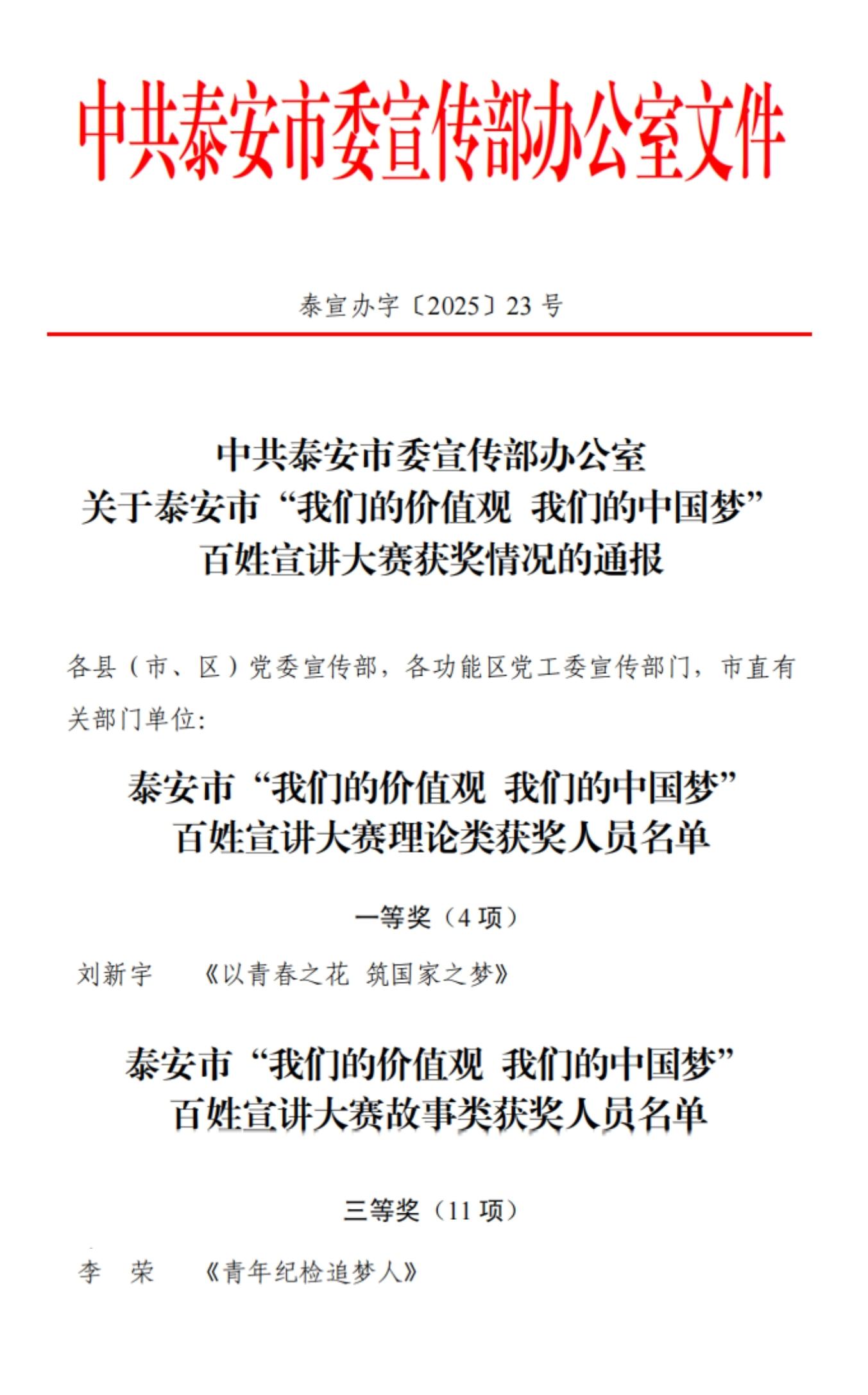 【喜報(bào)】泰山城建集團(tuán)職工在“我們的價(jià)值觀 我們的中國(guó)夢(mèng)”百姓宣講大賽中榮獲佳績(jī)